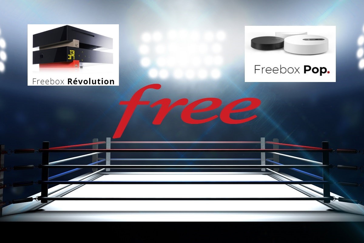 Ring de Boxe avec la Freebox Révolution à gauche et la Freebox Pop à droite