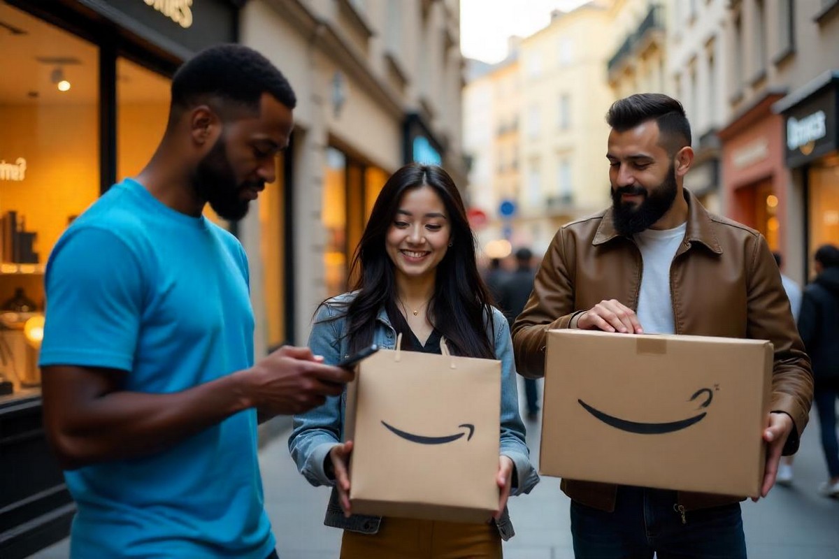 Gens avec cartons au logo d'Amazon, car les Prime Days proposent des smartphones en promo