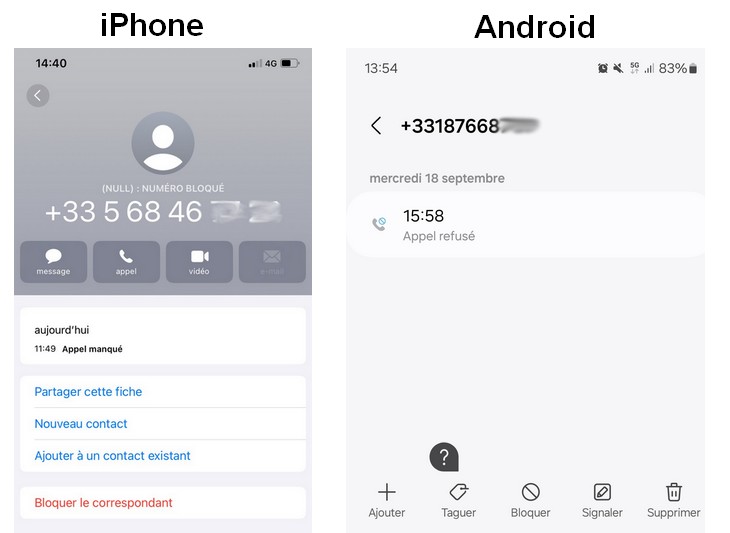 blocage de numéro sur iOS et sur Android