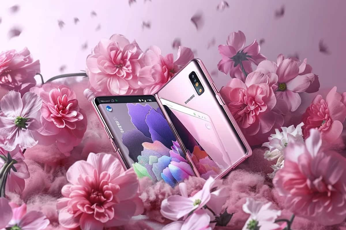 Z Fold6 sur fond de grosses fleurs roses, en mega promo avec le Zflip6 chez Bouygues Telecom