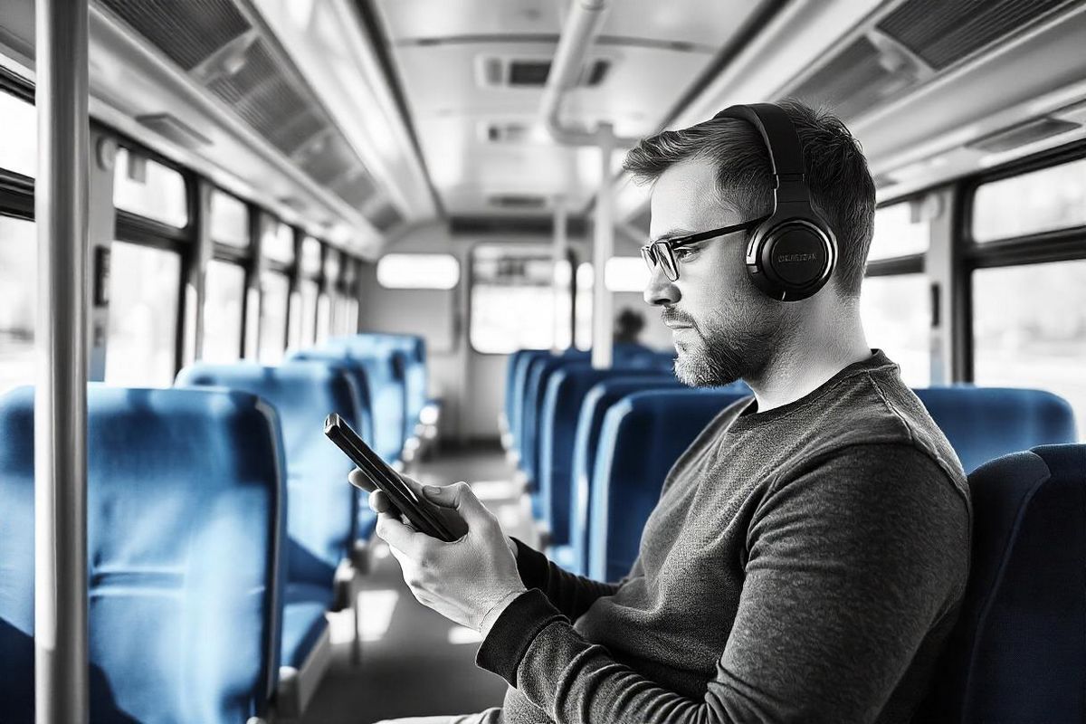 Un homme regarde une vidéo en streaming sur son smartphone dans le bus