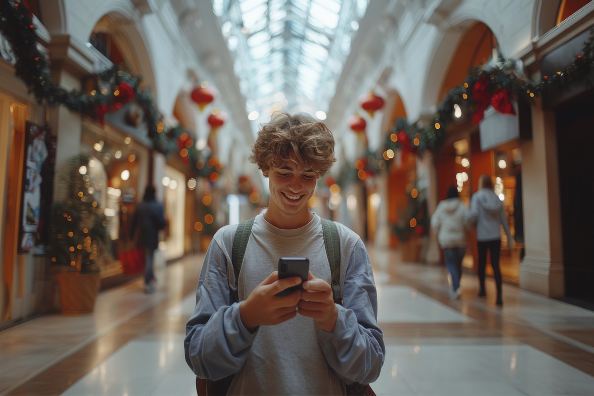 Un homme navigue sur Internet sur son smartphone en faisant ses courses dans un contre commercial