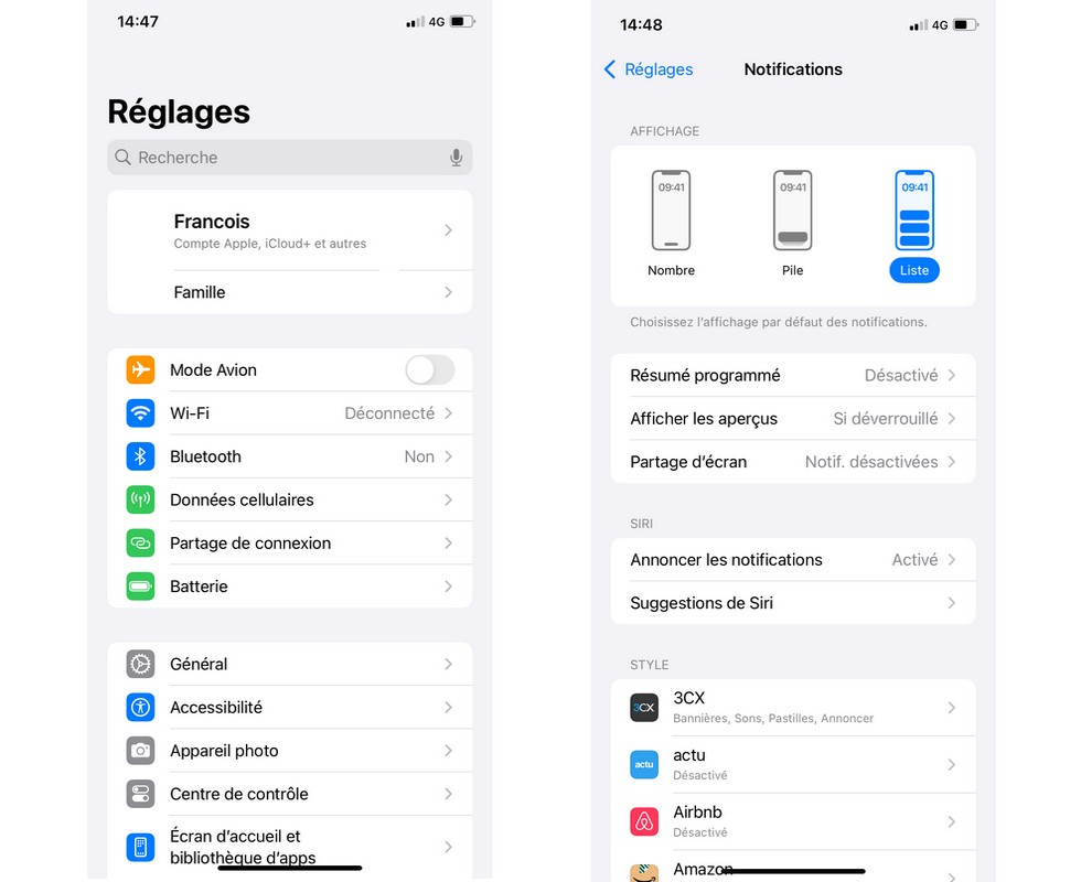 L'application Réglages sur un iPhone