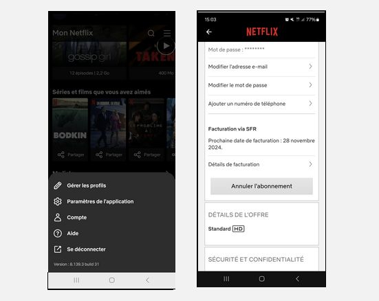 Capture d'écran de l'espace client Netflix avec le menu "résiliation"